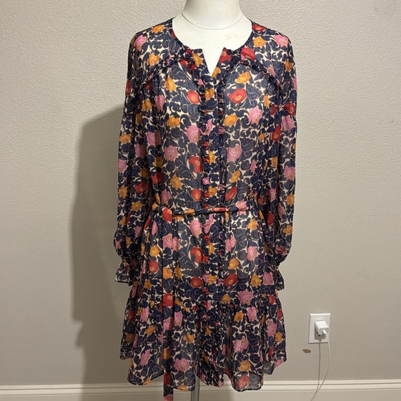 SALONI Pixie Floral Long Sleeve Dress Ruffle 100% Silk Fall Preppy - Picture 2 of 11